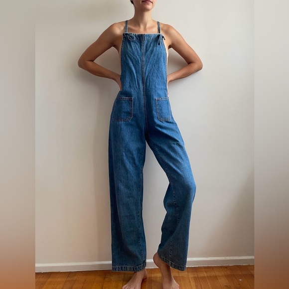 Vintage 90s y2k overalls denim jean straight leg square neck utility cargo small - Picture 15 of 16